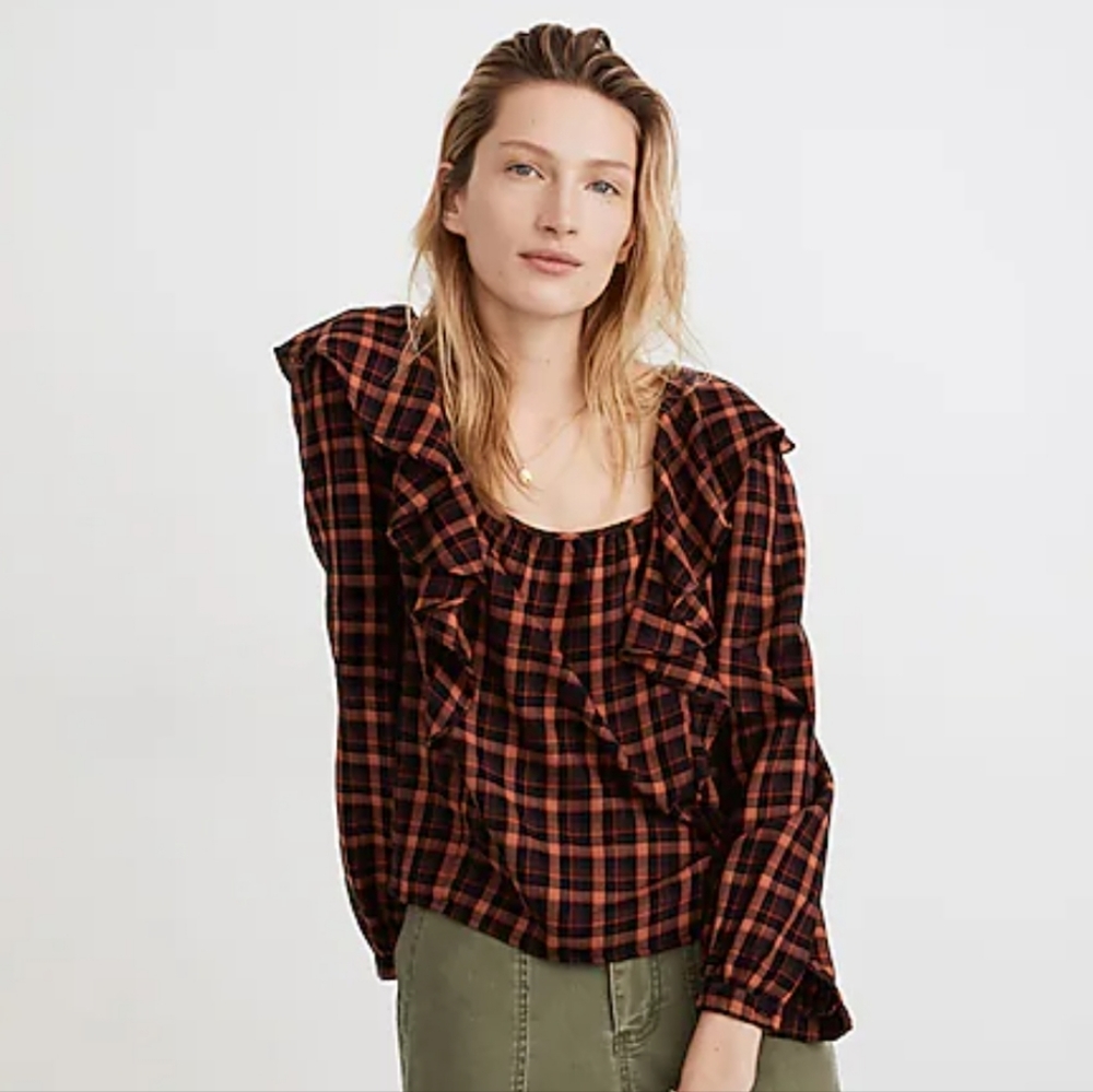Madewell Plaid Ruffle Blouse - Picture 1 of 8